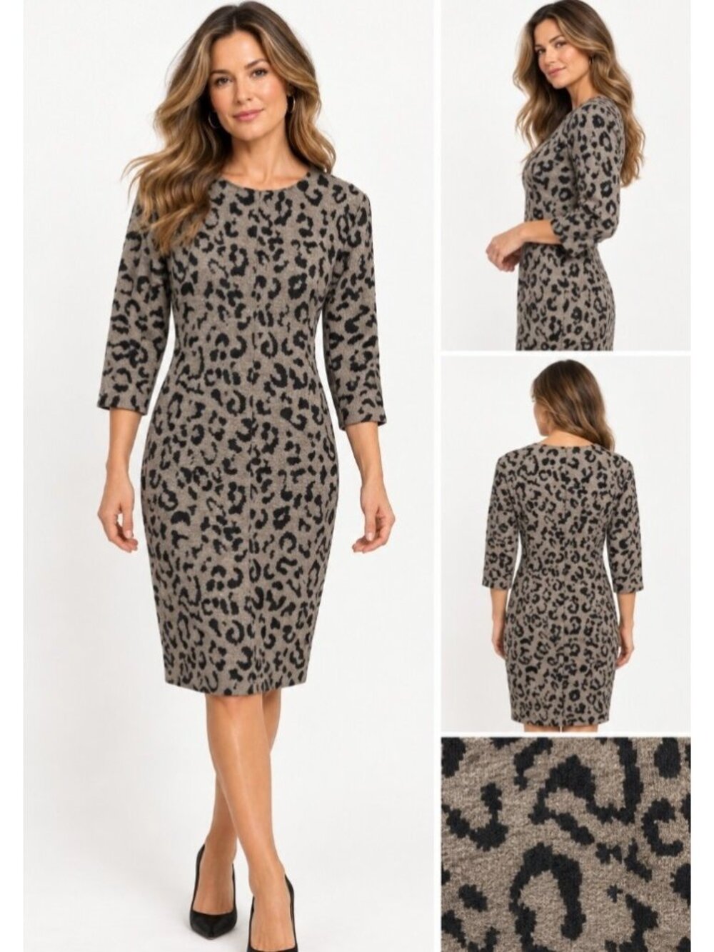 Max Mara Leopard Print Wool Sheath Dress Gray Black Size 8